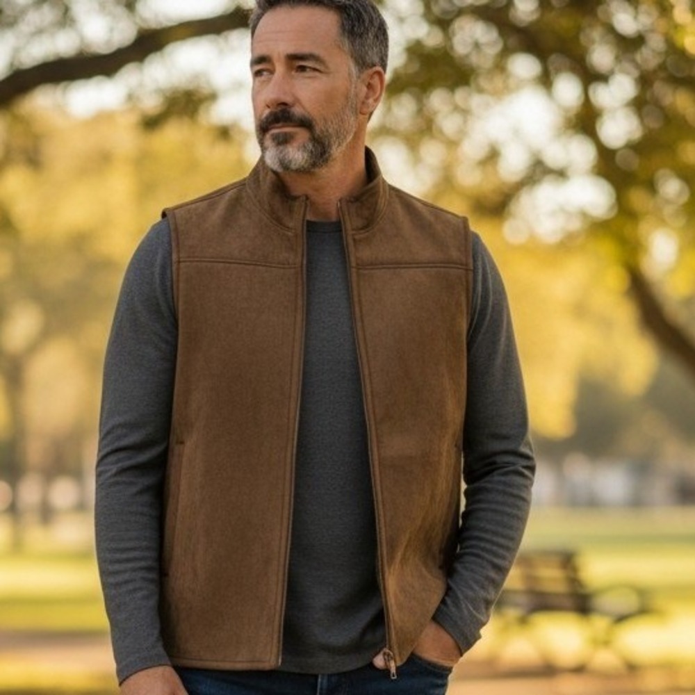 TravelSmith Mens Vest Brown Fleece Lined Full Zip Sleeveless Jacket